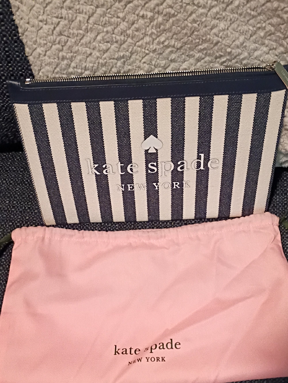 Kate Spade Navy and White Striped Canvas Zip Pouch with Pink Dust Bag